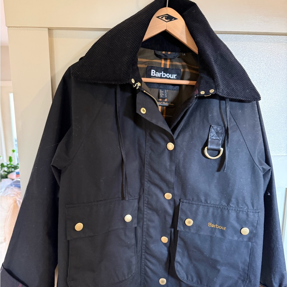 Barbour Black Waxed Reighton Jacket with Corduroy Collar and Brass Details